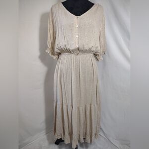 CALISTA Women's Tan Floral Print Pleated Peasant Prairie Boho Maxi Dress Size M